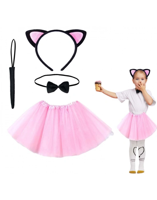 Pembe Renk Etekli Kedi Kostüm Seti (tütü, Taç, Papyon, Kuyruk)