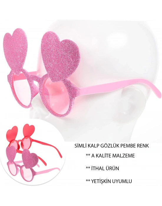 Pembe Renk Sim İşlenmiş Kalp Figürlü Parti Gözlüğü
