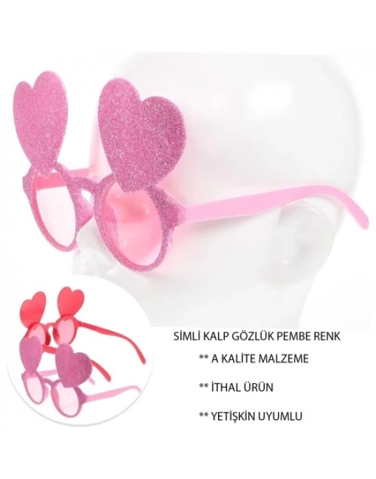 Pembe Renk Sim İşlenmiş Kalp Figürlü Parti Gözlüğü