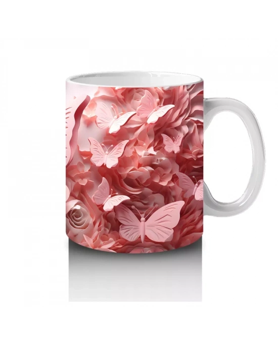 Pembe Renk Tonlarında Kelebekler – Baskılı Kahve Kupası