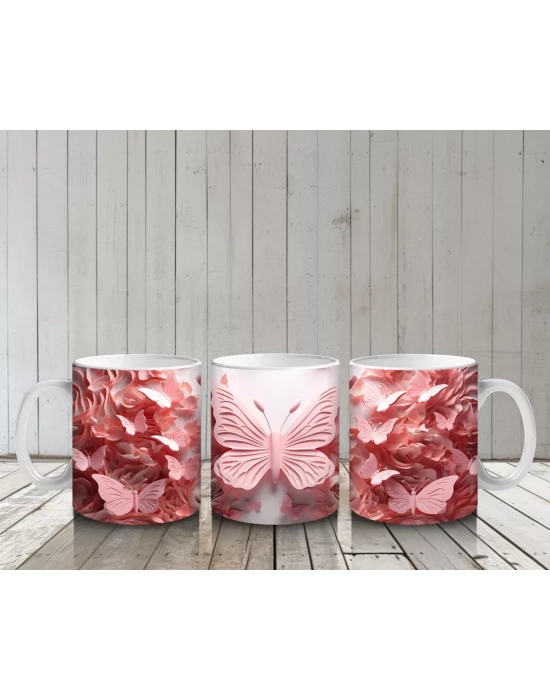 Pembe Renk Tonlarında Kelebekler – Baskılı Kahve Kupası