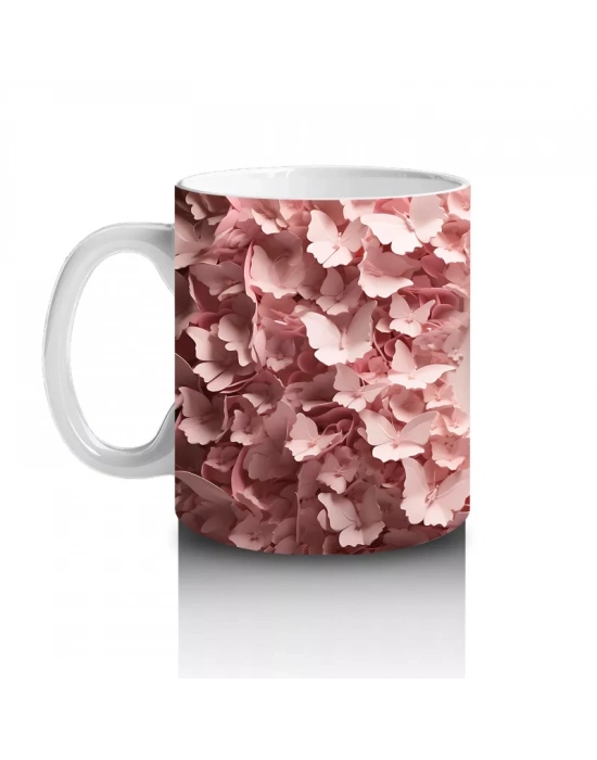 Pembe Rölyef Çiçekler Arasında Kelebek – Baskılı Kahve Kupası