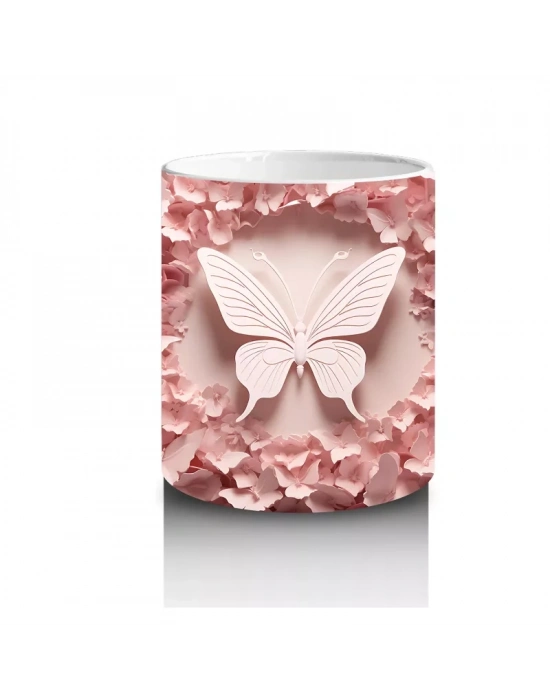 Pembe Rölyef Çiçekler Arasında Kelebek – Baskılı Kahve Kupası