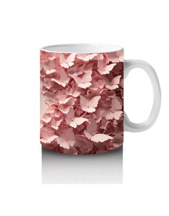 Pembe Rölyef Çiçekler Arasında Kelebek – Baskılı Kahve Kupası