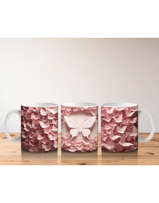 Pembe Rölyef Çiçekler Arasında Kelebek – Baskılı Kahve Kupası
