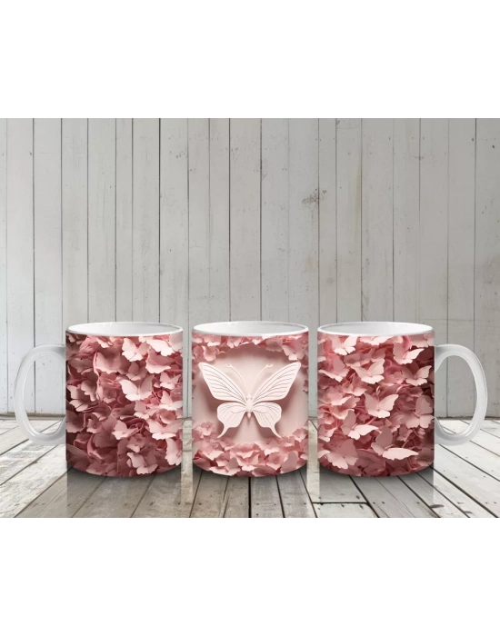 Pembe Rölyef Çiçekler Arasında Kelebek – Baskılı Kahve Kupası