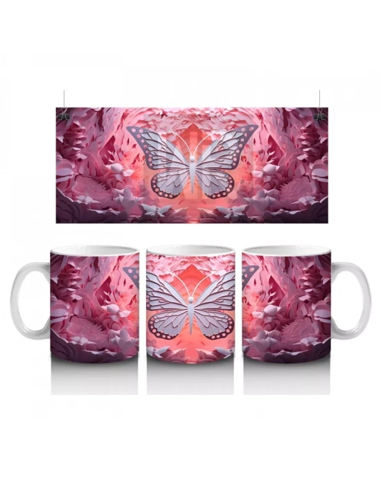Pembe Rölyef Dokulu Parlayan Kelebek – Baskılı Kahve Kupası