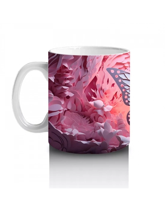 Pembe Rölyef Dokulu Parlayan Kelebek – Baskılı Kahve Kupası