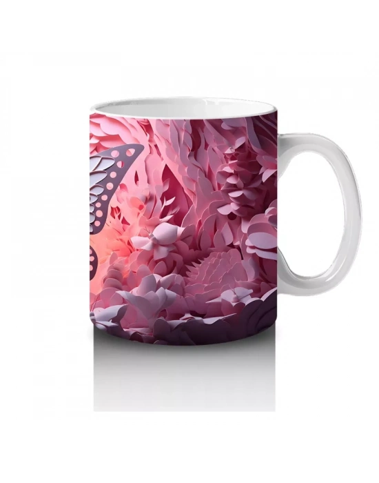 Pembe Rölyef Dokulu Parlayan Kelebek – Baskılı Kahve Kupası