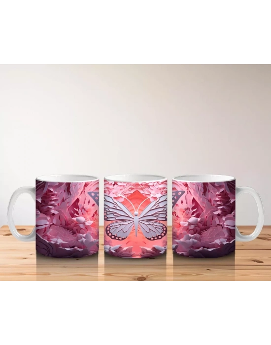 Pembe Rölyef Dokulu Parlayan Kelebek – Baskılı Kahve Kupası