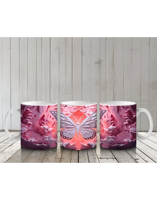 Pembe Rölyef Dokulu Parlayan Kelebek – Baskılı Kahve Kupası