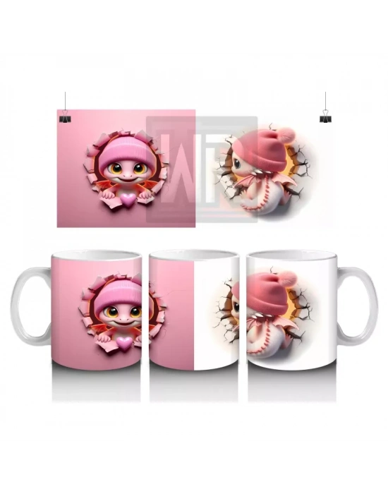 Pembe Şapkalı Sevimli Kız Maskot Çatlakta – Baskılı Kahve Kupası