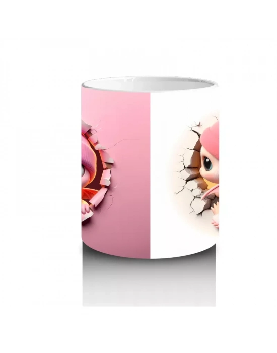 Pembe Şapkalı Sevimli Kız Maskot Çatlakta – Baskılı Kahve Kupası