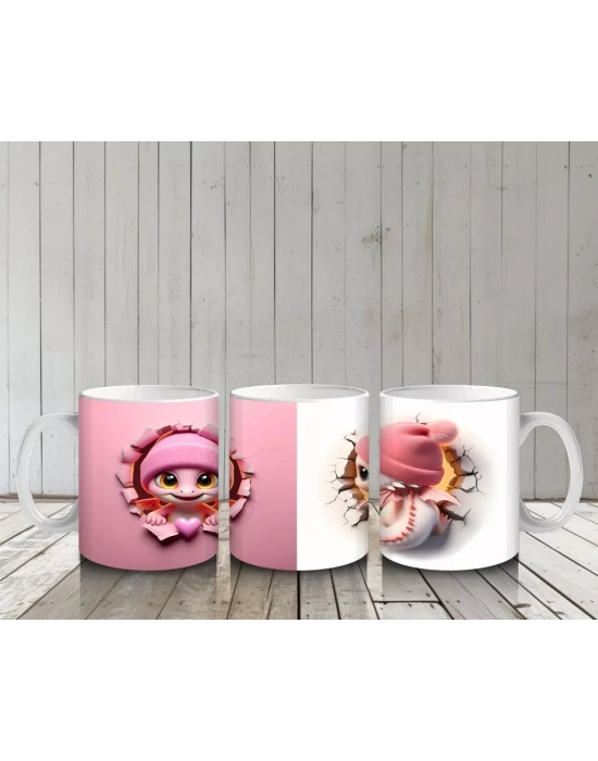 Pembe Şapkalı Sevimli Kız Maskot Çatlakta – Baskılı Kahve Kupası