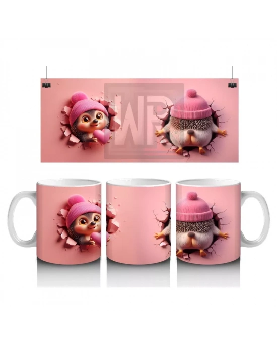 Pembe Şapkalı Sevimli Kız Maskot ve Kurdeleli Figür – Baskılı Kahve Kupası