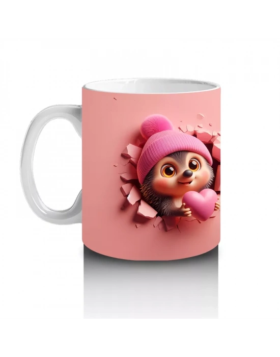 Pembe Şapkalı Sevimli Kız Maskot ve Kurdeleli Figür – Baskılı Kahve Kupası