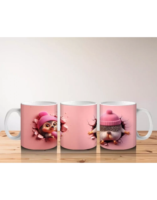 Pembe Şapkalı Sevimli Kız Maskot ve Kurdeleli Figür – Baskılı Kahve Kupası