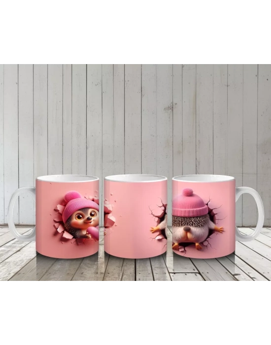 Pembe Şapkalı Sevimli Kız Maskot ve Kurdeleli Figür – Baskılı Kahve Kupası