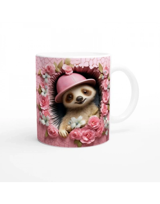 Pembe Şapkalı Tembel Hayvan Çiçekli Baskılı Kupa Bardak