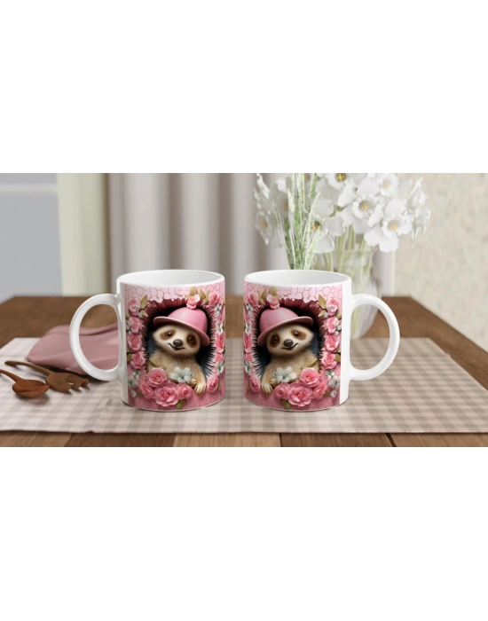 Pembe Şapkalı Tembel Hayvan Çiçekli Baskılı Kupa Bardak