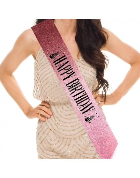 Pembe Siyah Happy Birthday Simli Kuşak Kemer