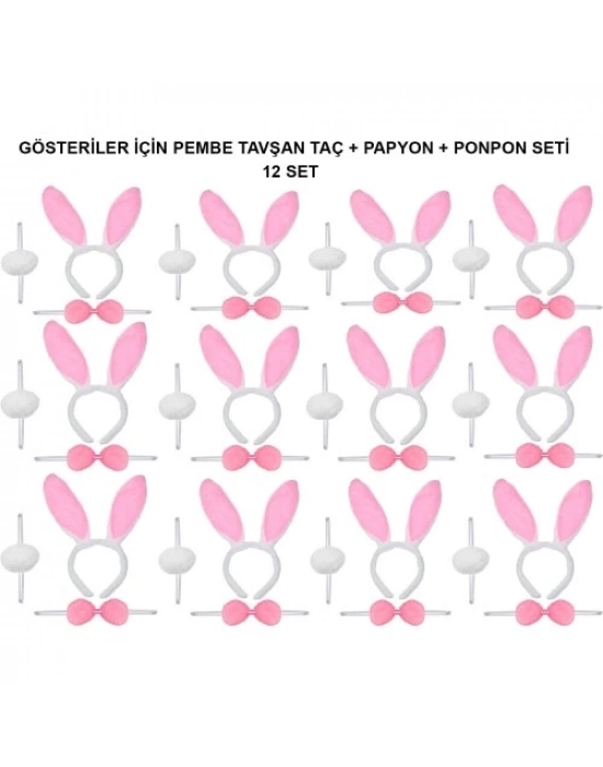 Pembe Tavşan Kostüm Seti – Taç, Papyon, Ponpon (12’li Paket)