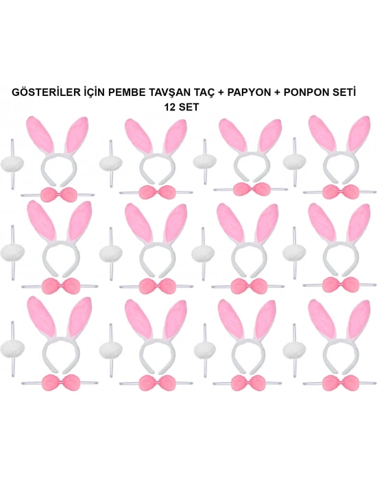 Pembe Tavşan Kostüm Seti – Taç, Papyon, Ponpon (12’li Paket)