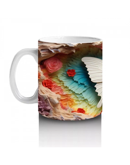 Pembe Tonlarda Kabartmalı Kelebek – Baskılı Kahve Kupası