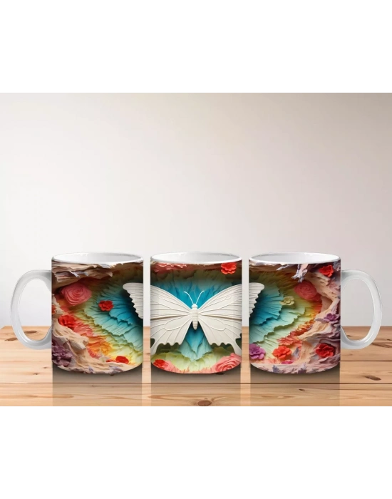 Pembe Tonlarda Kabartmalı Kelebek – Baskılı Kahve Kupası