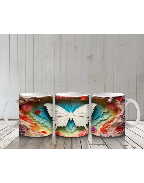 Pembe Tonlarda Kabartmalı Kelebek – Baskılı Kahve Kupası