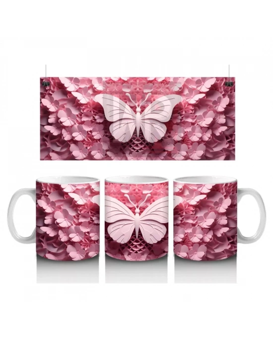 Pembe Tonlarda Rölyef Kelebek ve Çiçek Deseni – Baskılı Kahve Kupası