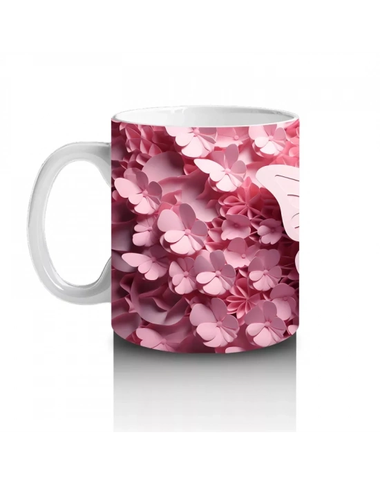 Pembe Tonlarda Rölyef Kelebek ve Çiçek Deseni – Baskılı Kahve Kupası