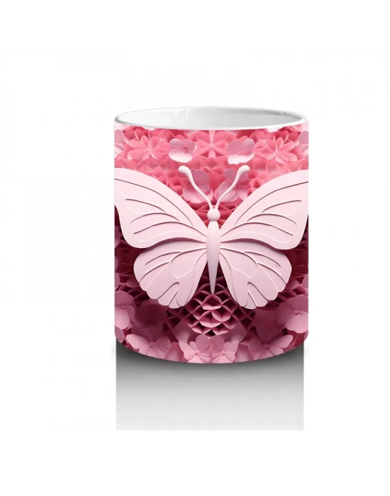 Pembe Tonlarda Rölyef Kelebek ve Çiçek Deseni – Baskılı Kahve Kupası