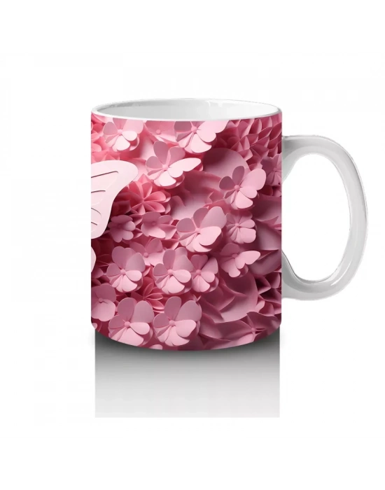 Pembe Tonlarda Rölyef Kelebek ve Çiçek Deseni – Baskılı Kahve Kupası