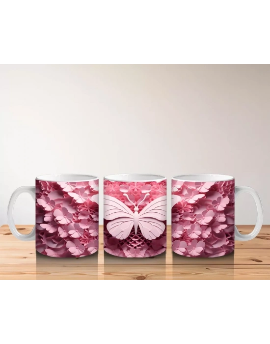 Pembe Tonlarda Rölyef Kelebek ve Çiçek Deseni – Baskılı Kahve Kupası