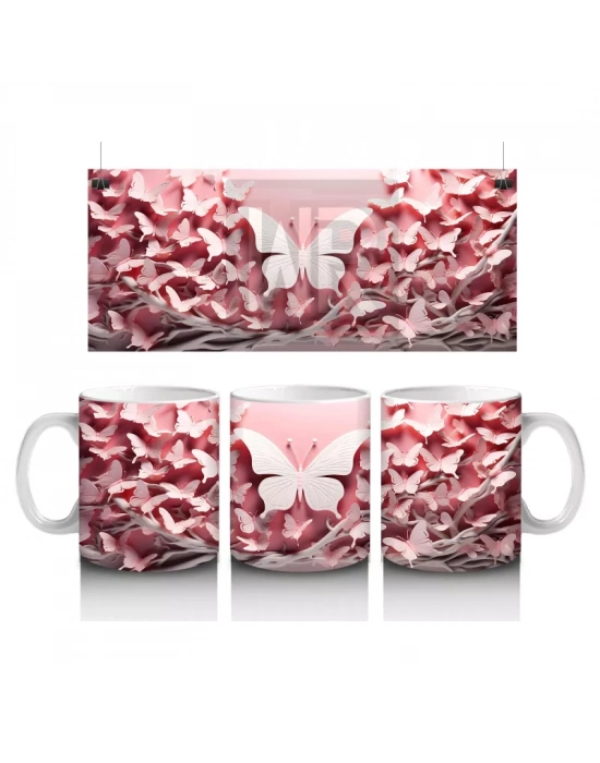 Pembe Yapraklar Arasında Beyaz Kelebek – Baskılı Kahve Kupası