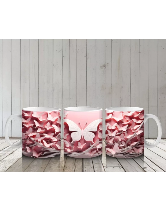 Pembe Yapraklar Arasında Beyaz Kelebek – Baskılı Kahve Kupası