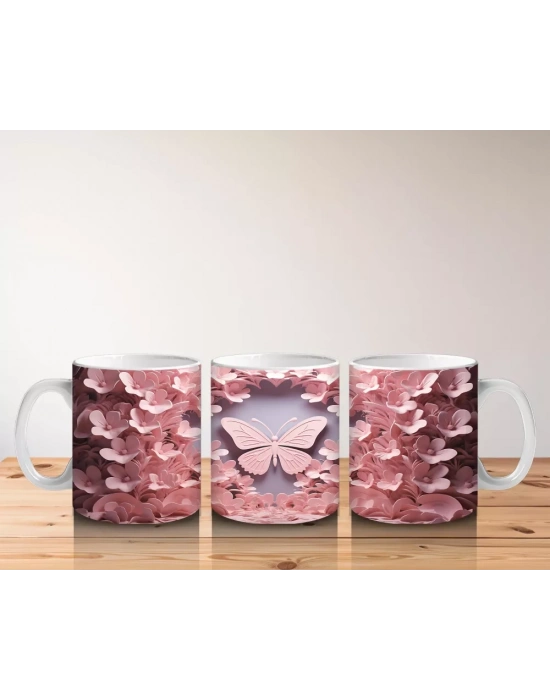 Pembe Yapraklar Arasında Uçuşan Kelebek – Baskılı Kahve Kupası