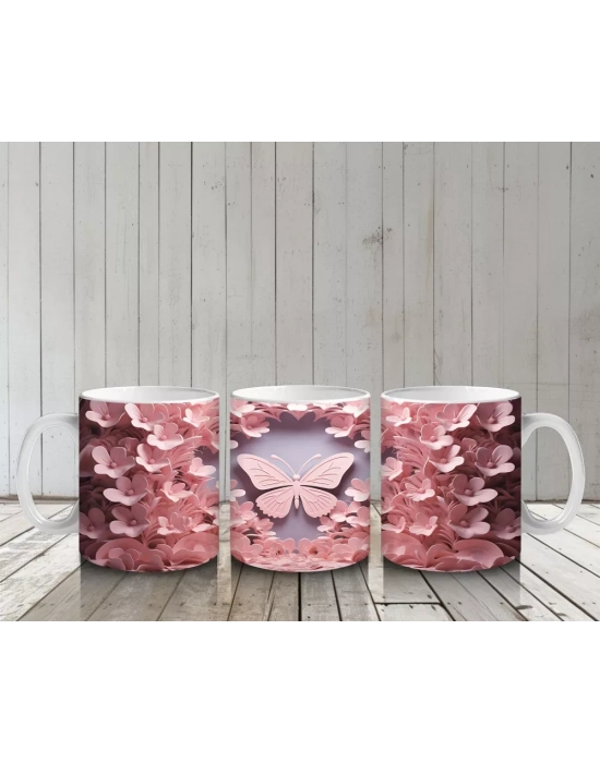 Pembe Yapraklar Arasında Uçuşan Kelebek – Baskılı Kahve Kupası