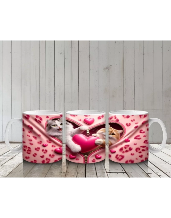 Pembe Yastıklı Fon Üzerinde Oyunbaz Kediler – Baskılı Kahve Kupası