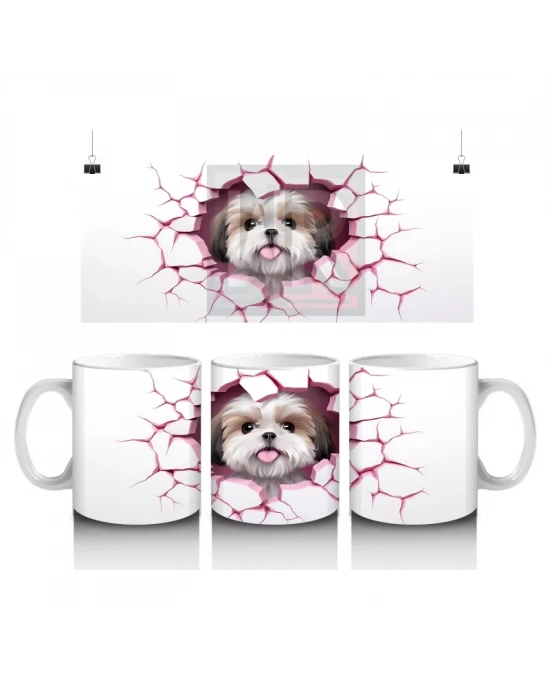 Pembe Yırtık Desen Üzerine Sevimli Köpek – Baskılı Kupa