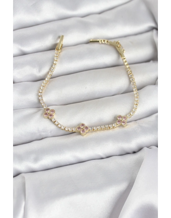 ® Pembe Yonca Detaylı Zirkon Taşlı Gold Renk Pirinç Su Yolu Kadın Bileklik