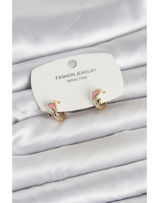 ® Pembe Yunus Balığı Model Gold Renk Pirinç Çocuk Küpe