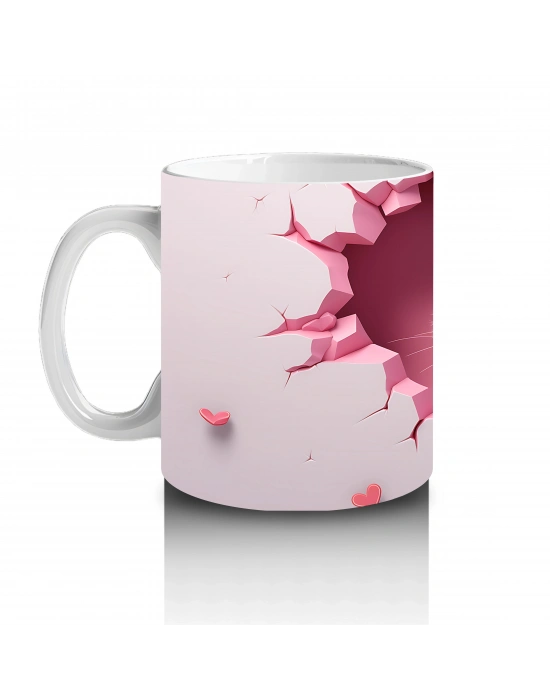 Pembe Zemin Üzerinde Beyaz Kalpli Kedi – Baskılı Kupa