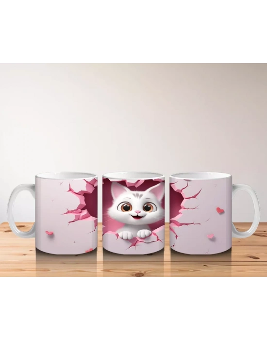 Pembe Zemin Üzerinde Beyaz Kalpli Kedi – Baskılı Kupa