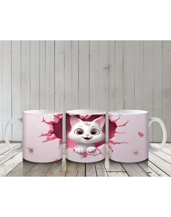 Pembe Zemin Üzerinde Beyaz Kalpli Kedi – Baskılı Kupa