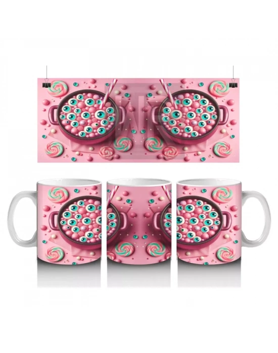 Pembe Zemin Üzerinde Korkunç Şeker Figürlü Sevimli Cadılar Bayramı Baskılı Kupa