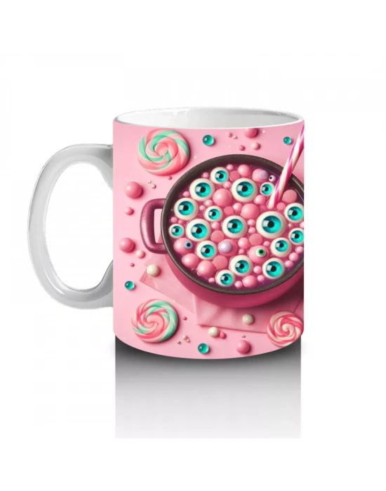 Pembe Zemin Üzerinde Korkunç Şeker Figürlü Sevimli Cadılar Bayramı Baskılı Kupa