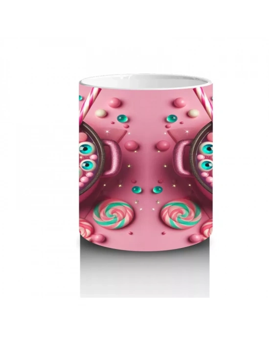 Pembe Zemin Üzerinde Korkunç Şeker Figürlü Sevimli Cadılar Bayramı Baskılı Kupa