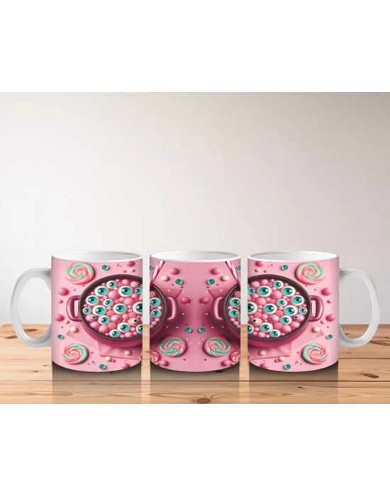 Pembe Zemin Üzerinde Korkunç Şeker Figürlü Sevimli Cadılar Bayramı Baskılı Kupa